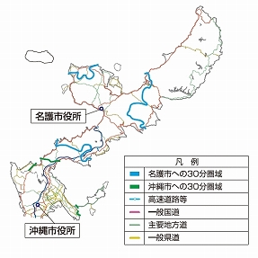 中心市街地(名護市、沖縄市)までの30分圏域(H19)